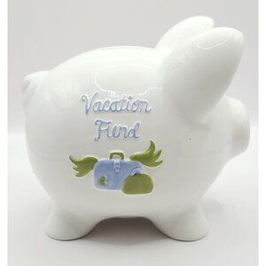 Russ Berrie Ceramic Vacation Fund Piggy Bank White Blue New with Stopper